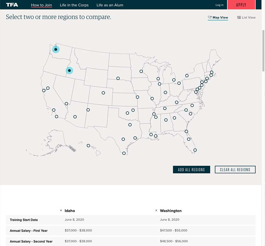 Teach for America page showing compare experience